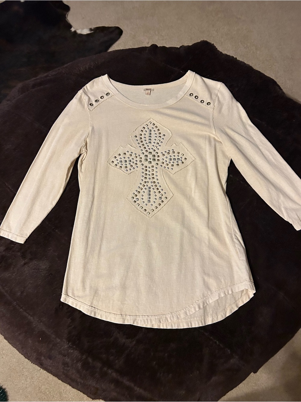 Reba Cream Studded Cross Long Sleeve Top